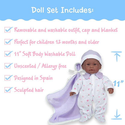 La Baby Soft 11" Baby Doll, Purple with Blanket, African-American - Loomini