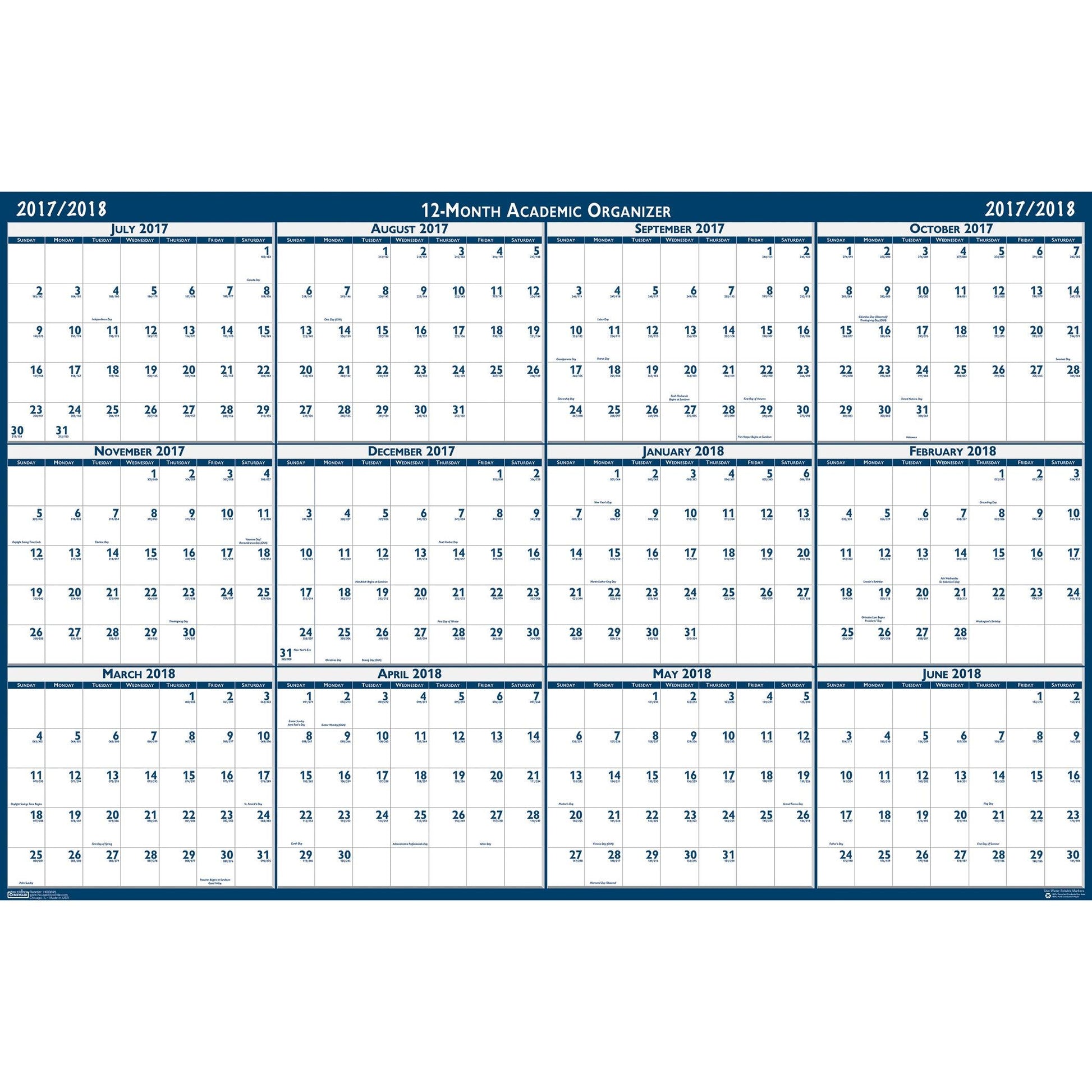 Laminated Wipe Off Wall Academic Calendar, Reversible, 18" x 24" - Loomini
