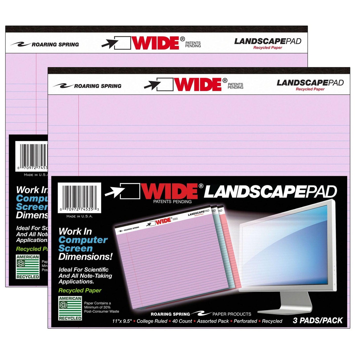 Legal Pad, Landscape, Orchid/Blue/Pink, 3 Per Pack, 2 Packs - Loomini