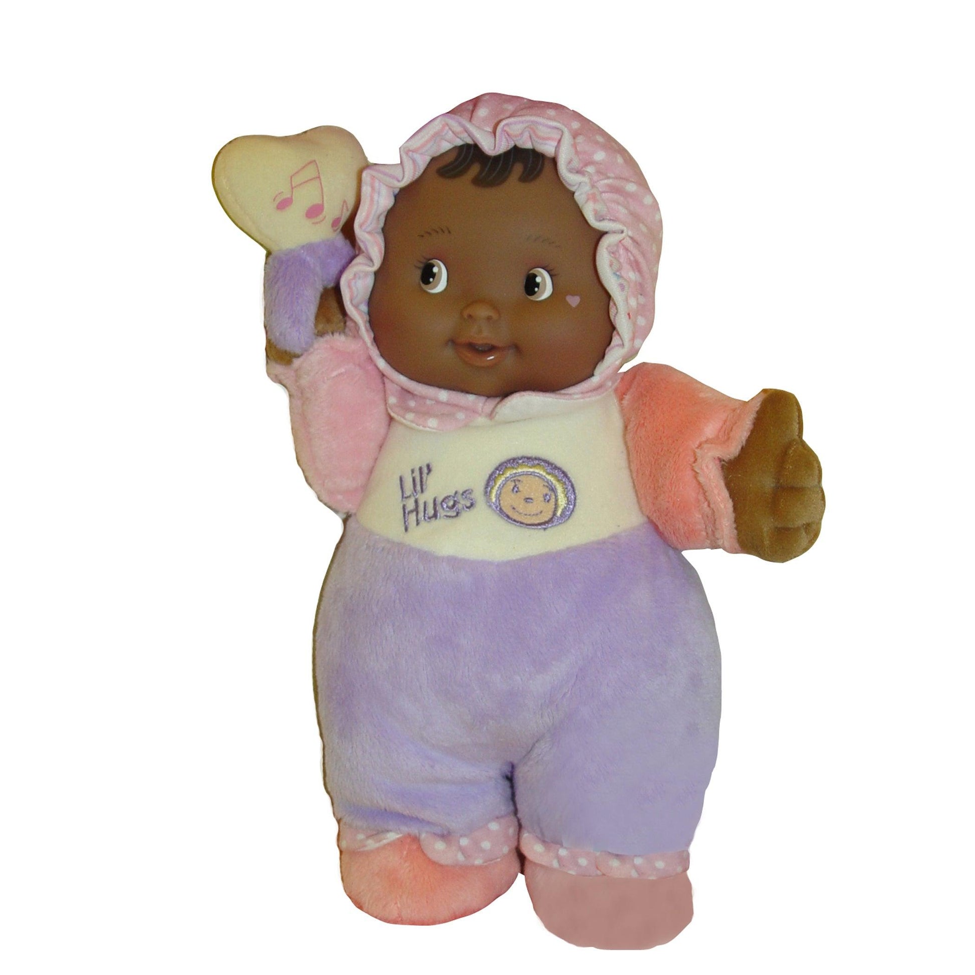 Lil' Hugs Baby's First Soft Doll, Vinyl Face, Pastel Outfits with Rattle, 12" African-American - Loomini