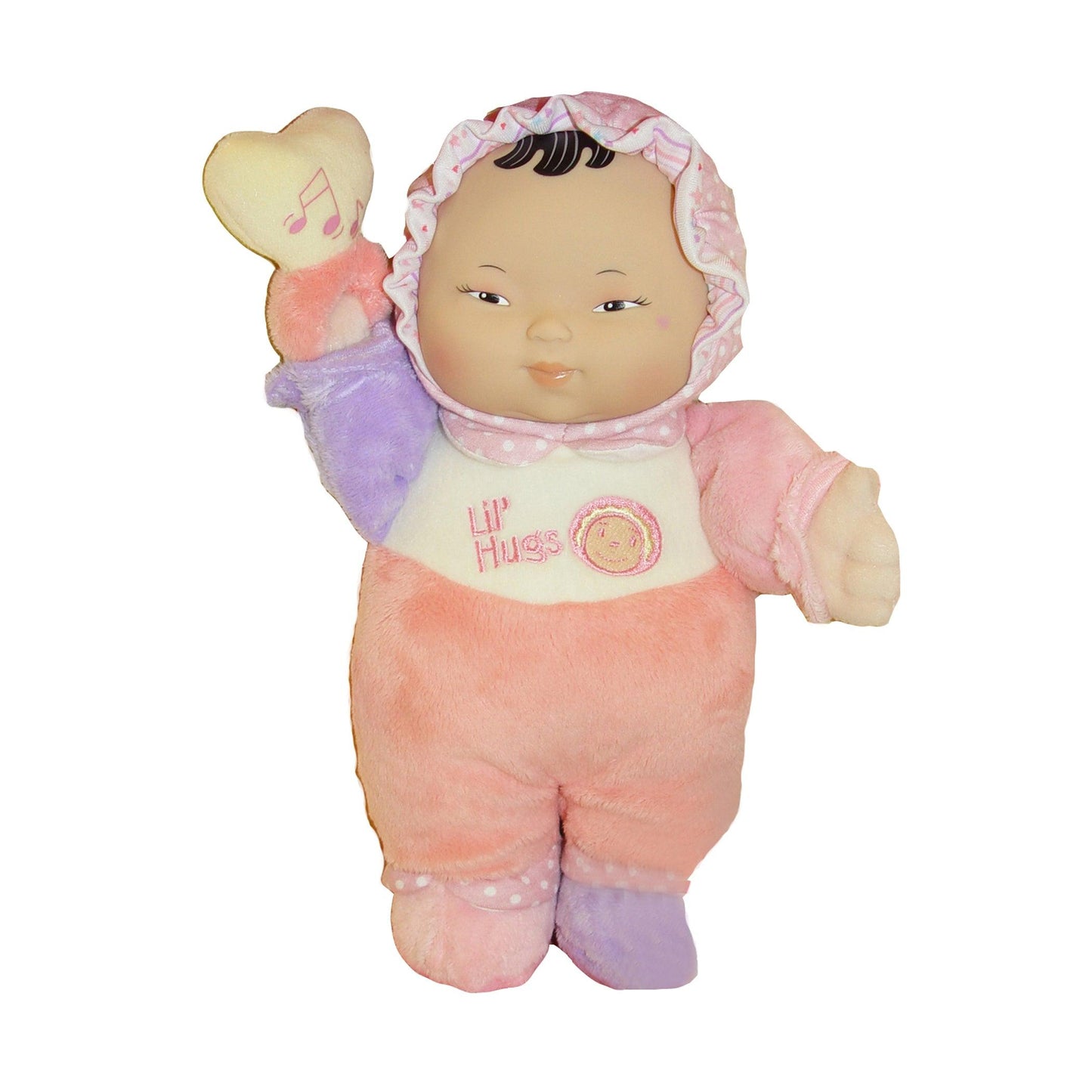 Lil' Hugs Baby's First Soft Doll, Vinyl Face, Pastel Outfits with Rattle, 12" Asian - Loomini