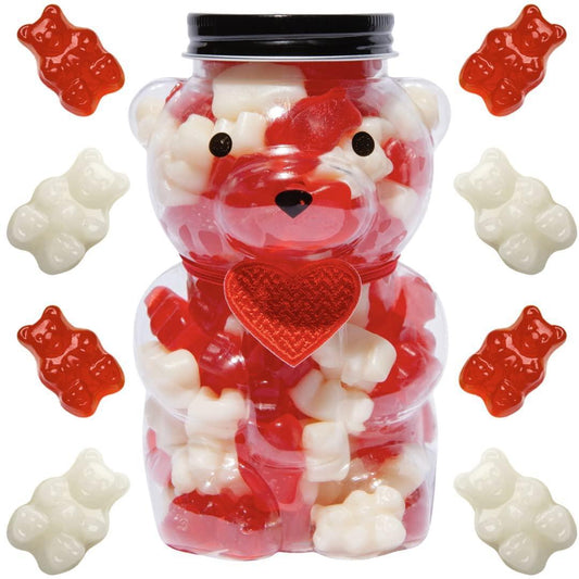 Love Candy Gifts Gummy Bear Jar Filled with 1 lb of Gourmet Red & White Gummi Bears Gummy Bear Fun Candy Jar with a Heart Shaped Bow Valentines Day Gift for Kids & Adults Red Heart Bow Assorted Gummy Candy Anniversary Candy Gift For Al - Loomini