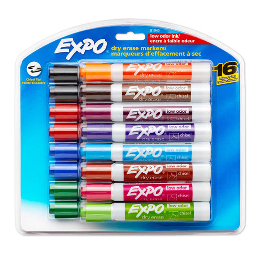 Low Odor Dry Erase Marker, Chisel Tip, Assorted, Pack of 16 - Loomini