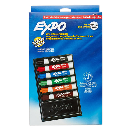 Low Odor Dry Erase Marker Set with 6-Marker Organizer and Eraser - Loomini