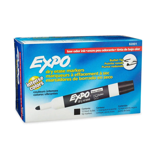 Low Odor Dry Erase Markers, Bullet Tip, Black, Box of 12 Expo®