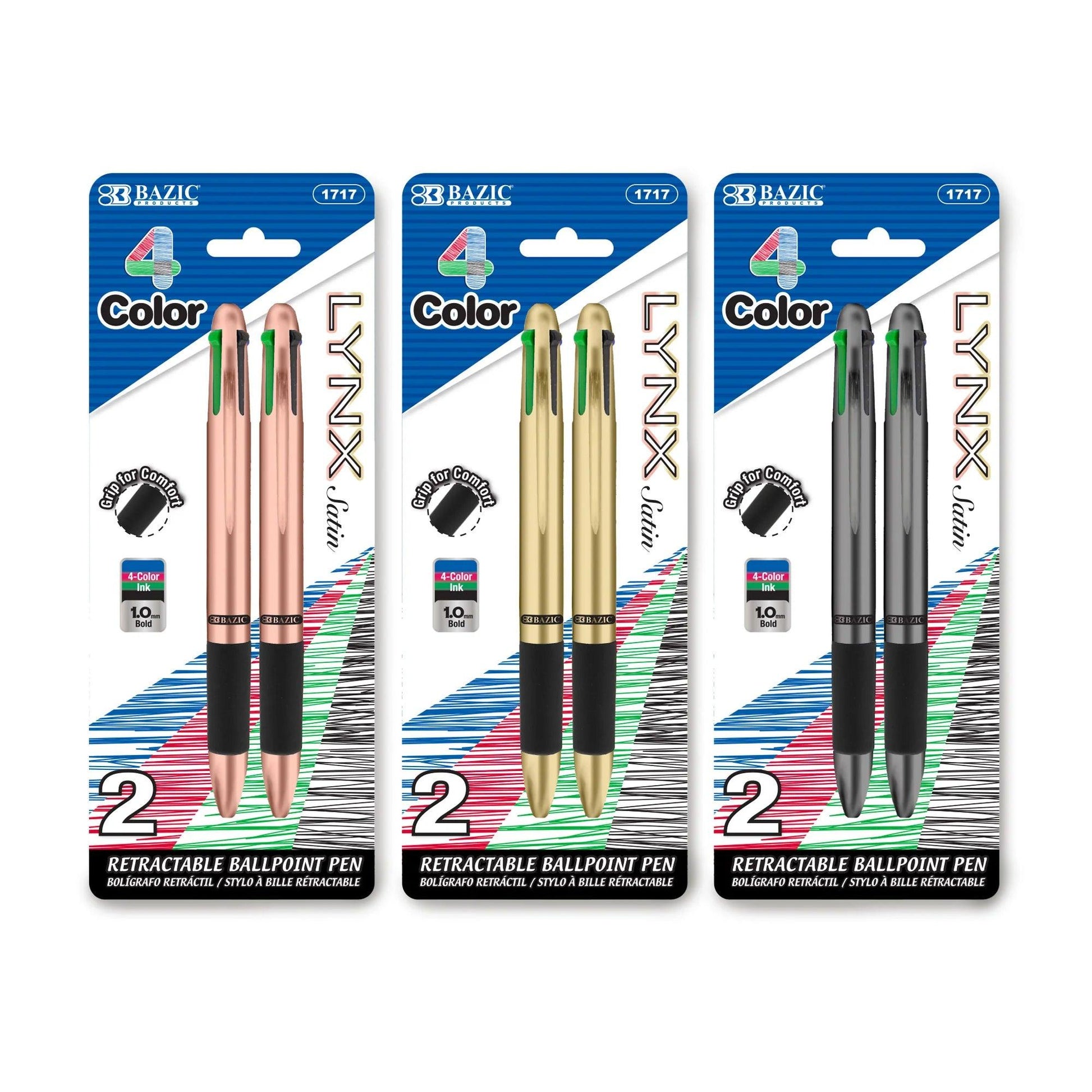 Lynx Satin Top 4-Color Pen with Cushion Grip, 2 Per Pack, 24 Packs - Loomini