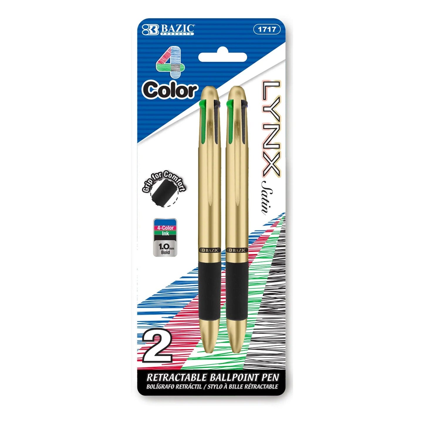 Lynx Satin Top 4-Color Pen with Cushion Grip, 2 Per Pack, 24 Packs - Loomini