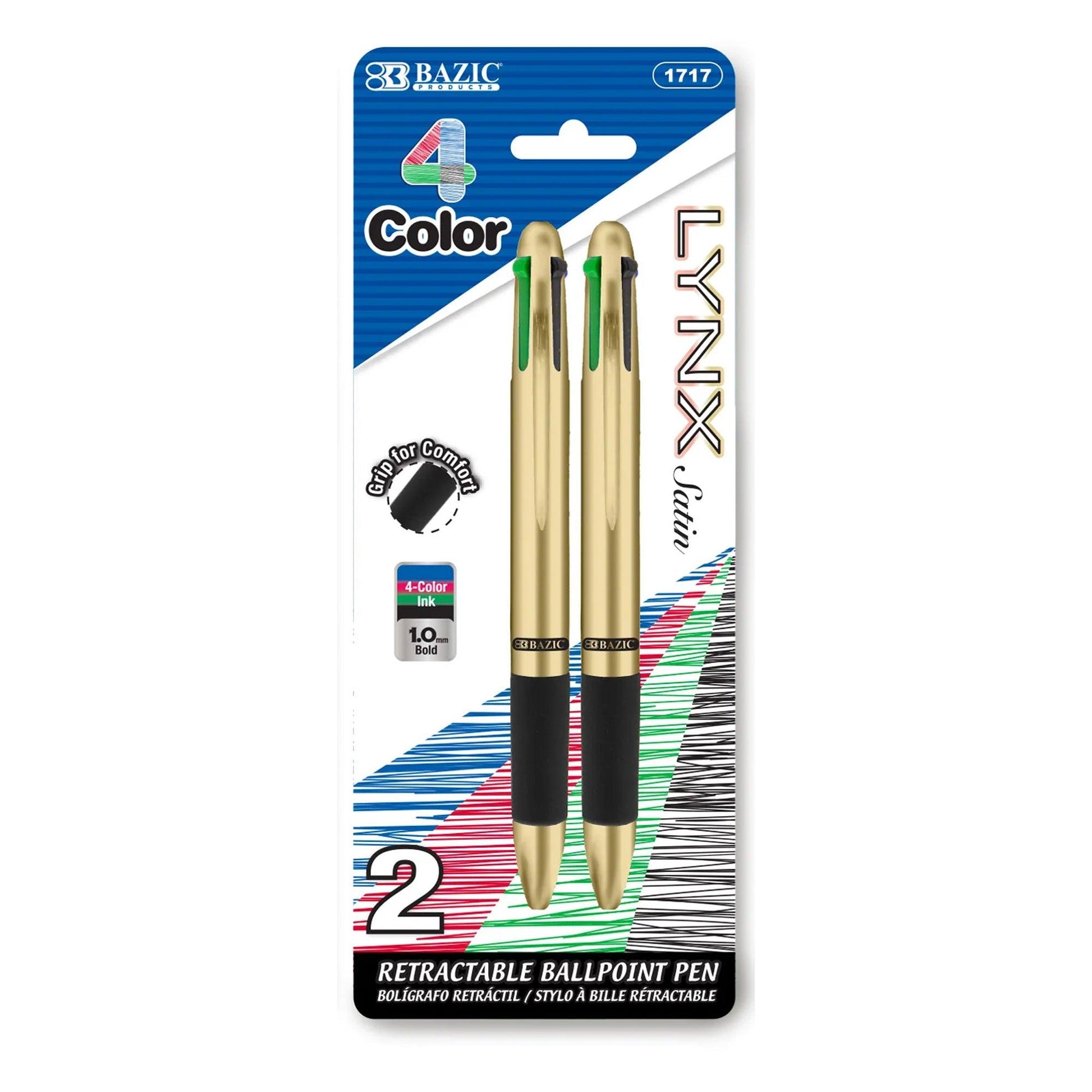 Lynx Satin Top 4-Color Pen with Cushion Grip, 2 Per Pack, 24 Packs - Loomini