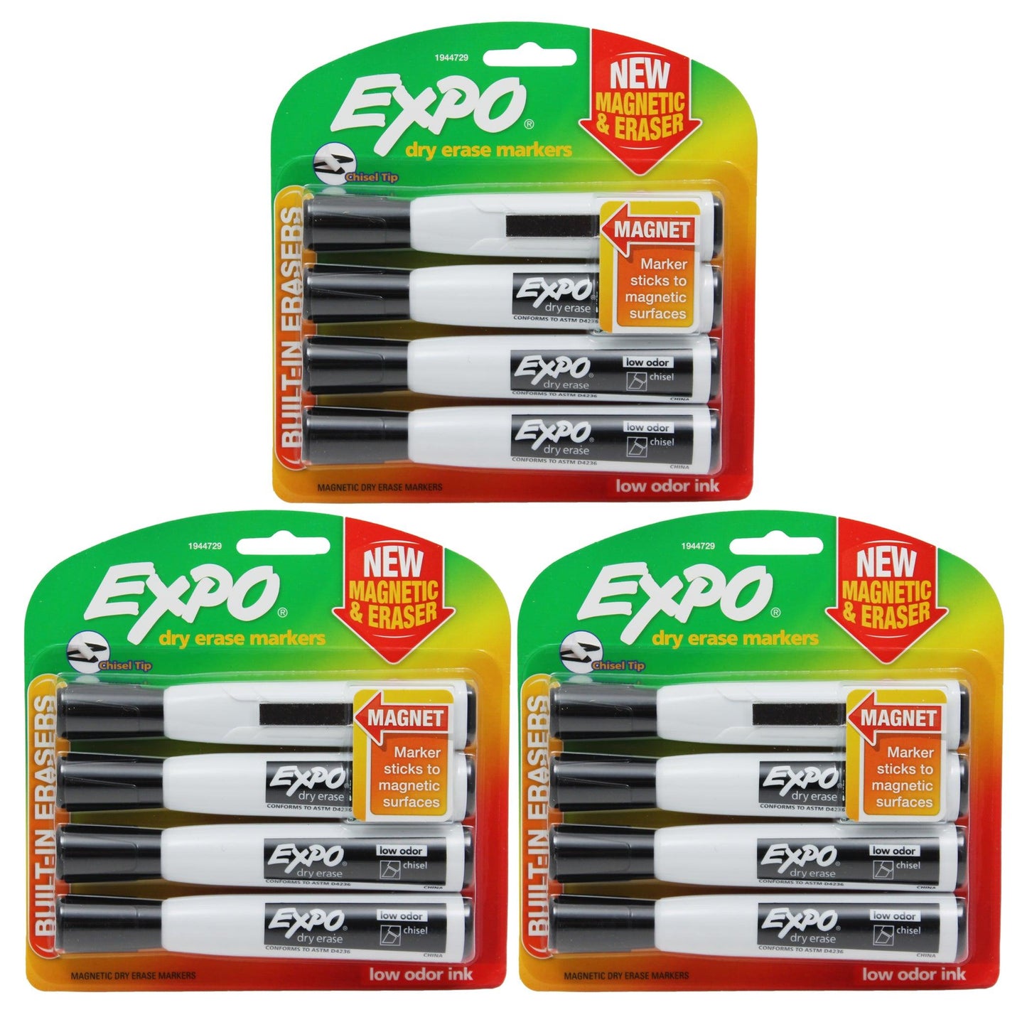 Magnetic Dry Erase Markers with Eraser, Chisel Tip, Black, 4 Per Pack, 3 Packs - Loomini