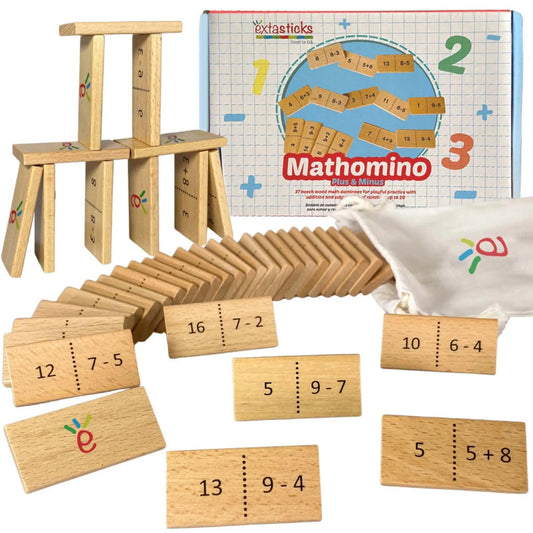 Mathomino Plus & Minus up to 20 Addition & Subtraction Wooden Math Domino Game Extasticks