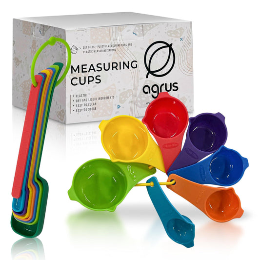 Measuring Cups and Spoons Set 15 Piece Plastic Measuring Cup Set for Liquid and Dry Measuring Engraved Metric USA Measurement Cup Set for Baking Cooking Colorful BPA Free Measuring Cups - Loomini