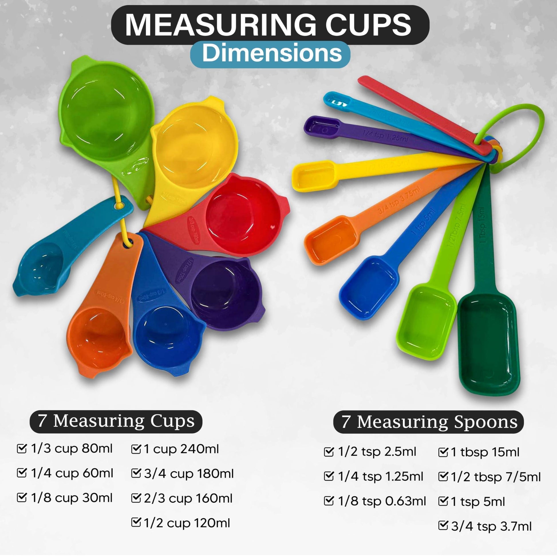 Measuring Cups and Spoons Set 15 Piece Plastic Measuring Cup Set for Liquid and Dry Measuring Engraved Metric USA Measurement Cup Set for Baking Cooking Colorful BPA Free Measuring Cups - Loomini