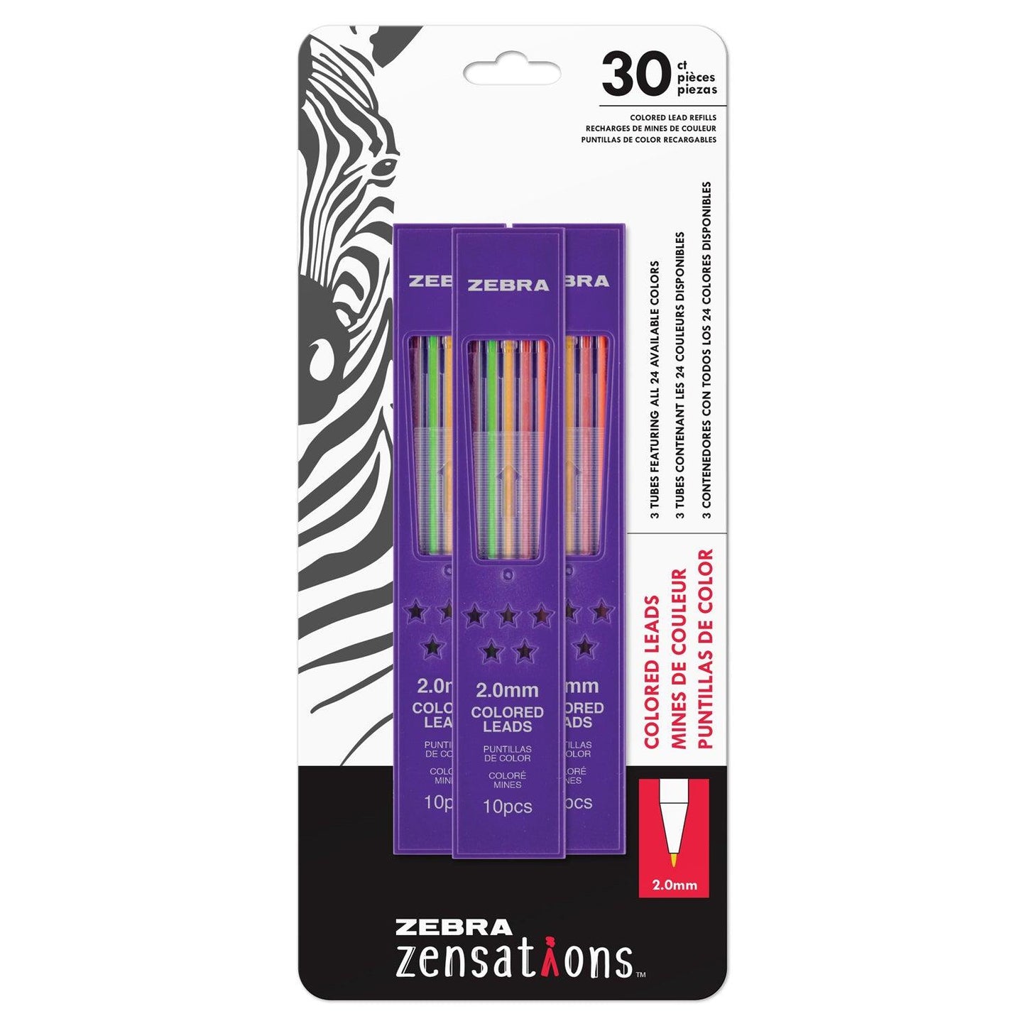 Mechanical Colored Pencil Lead Refill, 2.0mm Point Size, Assorted Colored Lead, 30 Per Pack, 3 Packs - Loomini