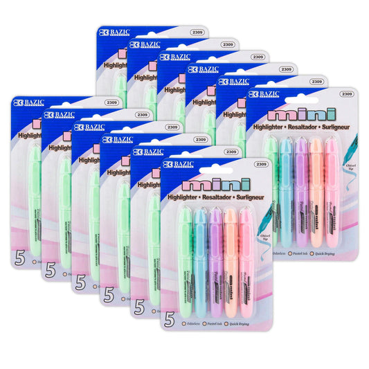 Mini Highlighter with Cap Clip, Pastel, 5 Per Pack, 12 Packs - Loomini