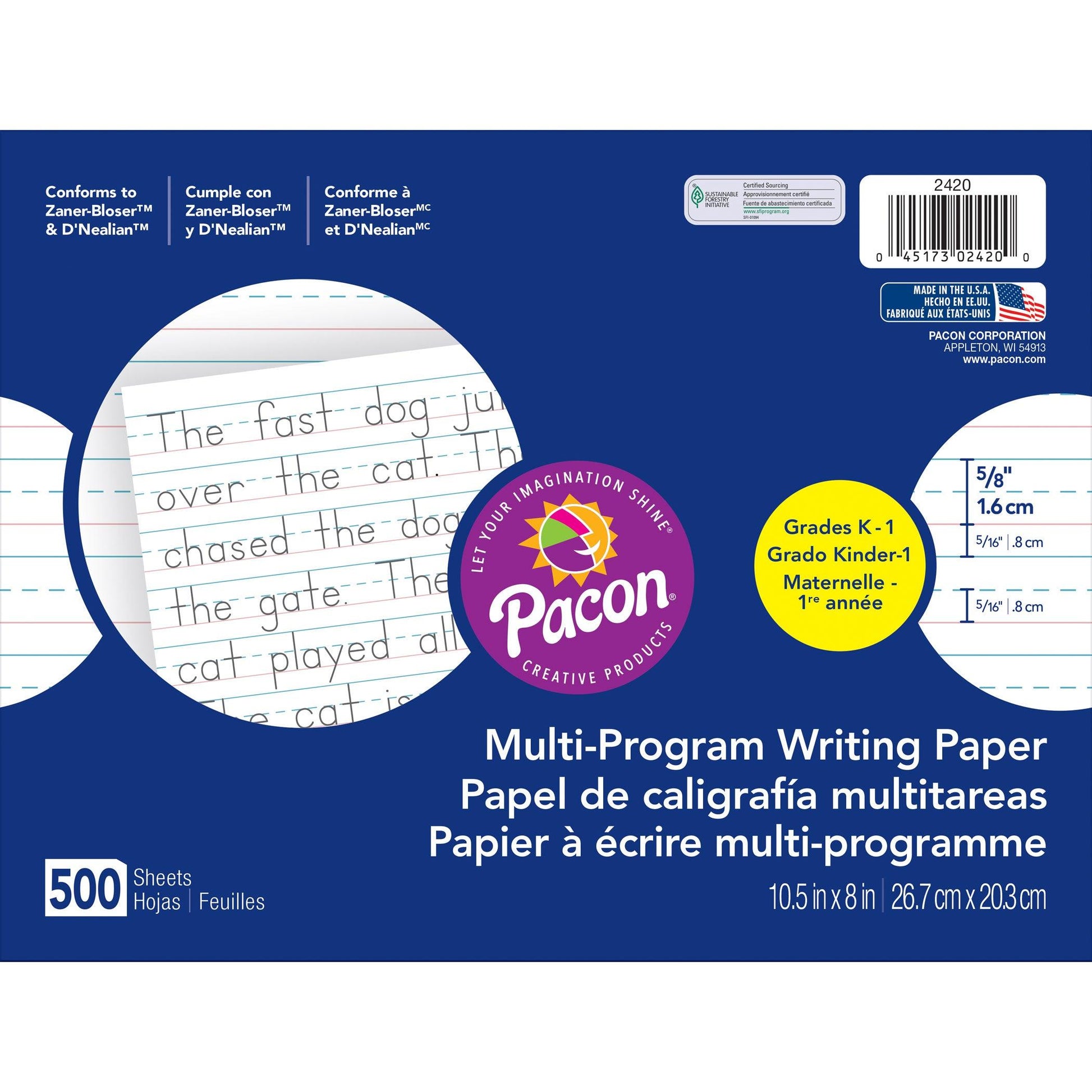 Multi-Program Handwriting Paper, 5/8" Ruled (Long Way), White, 10-1/2" x 8", 500 Sheets Per Pack, 2 Packs - Loomini