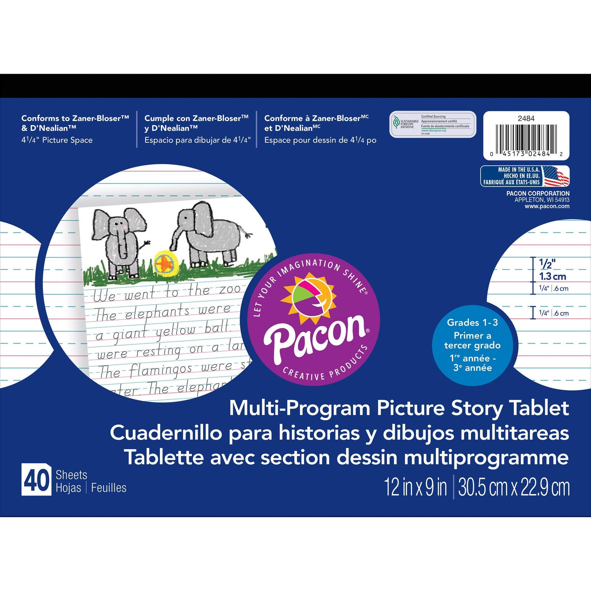 Multi-Program Handwriting Tablet, D'Nealian/Zaner-Bloser, 1/2" x 1/4" x 1/4" Ruled & 4-1/4" Picture Story Space, 12" x 9", 40 Sheets, Pack of 6 - Loomini