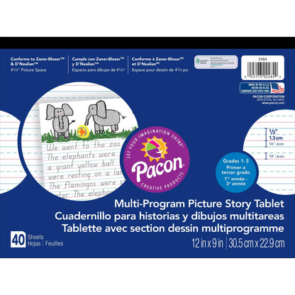 Multi-Program Handwriting Tablet, D'Nealian/Zaner-Bloser, 1/2" x 1/4" x 1/4" Ruled & 4-1/4" Picture Story Space, 12" x 9", 40 Sheets, Pack of 6 - Loomini