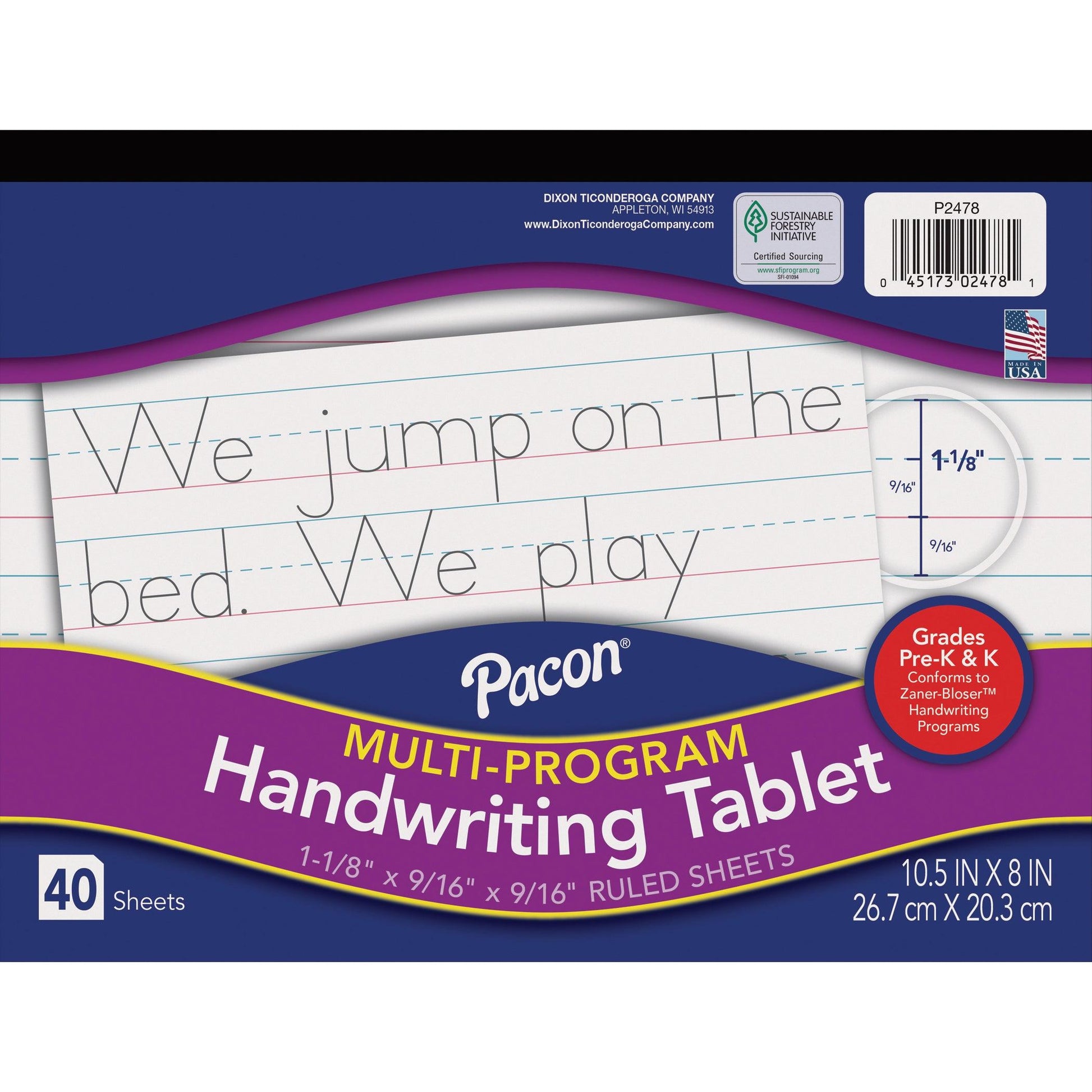 Multi-Program Handwriting Tablet, Zaner-Bloser, 1-1/8" x 9/16" x 9/16" Ruled Long, 10-1/2" x 8", 40 Sheets, Pack of 12 - Loomini