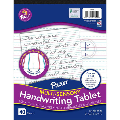 Multi-Sensory Raised Ruled Tablet, Tape-Bound Tablet, 1/2" x 1/4" x 1/4" Ruled Short, 8-1/2" x 11", 40 Sheets, Pack of 3 - Loomini