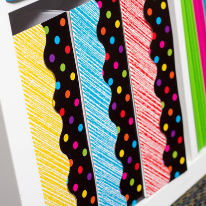 Multicolor Dots on Black Scalloped Border Trim, 35 Feet Per Pack, 6 Packs - Loomini