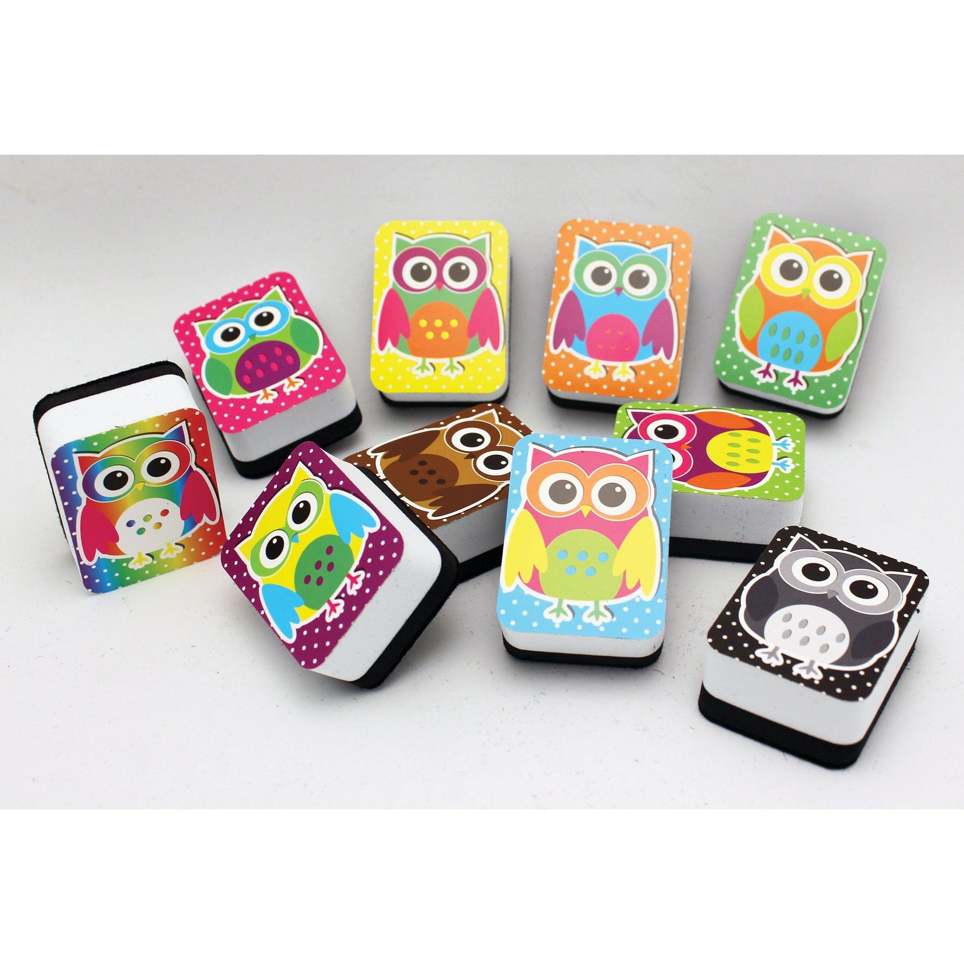 Non-Magnetic Mini Whiteboard Erasers, Color Owls, 10 Per Pack, 3 Packs - Loomini