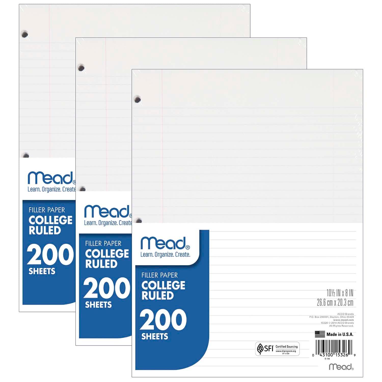 Notebook Filler Paper, College Ruled, 200 Sheets Per Pack, 3 Packs - Loomini