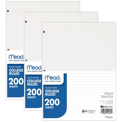 Notebook Filler Paper, College Ruled, 200 Sheets Per Pack, 3 Packs - Loomini