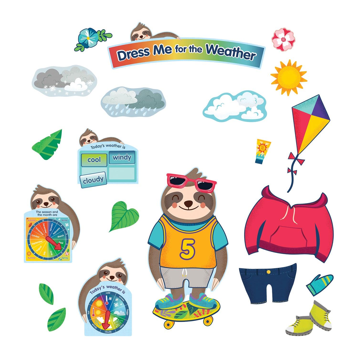 One World Sloth Dress Me for the Weather Bulletin Board Set, Grade PK-2, 54 Pieces - Loomini