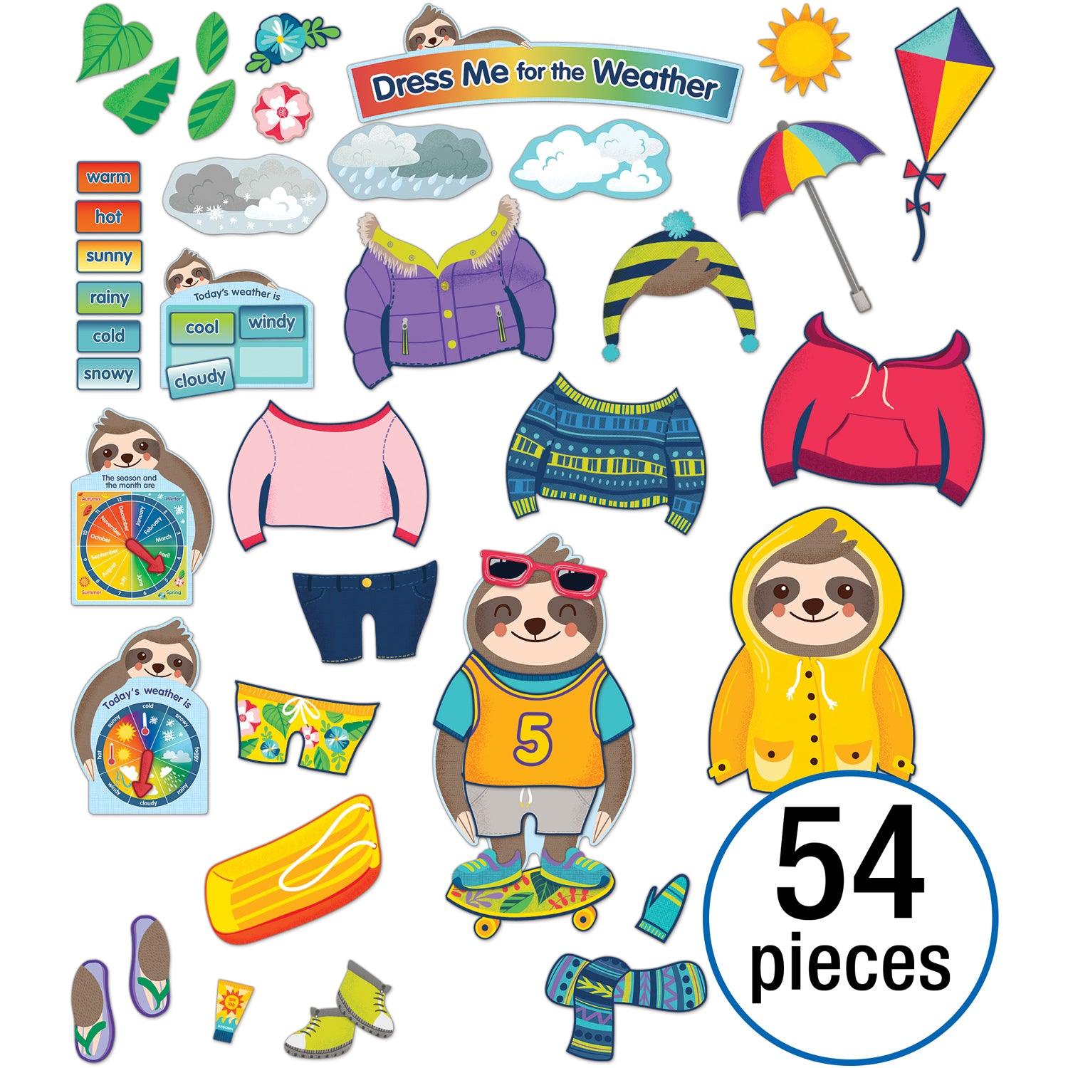 One World Sloth Dress Me for the Weather Bulletin Board Set, Grade PK-2, 54 Pieces - Loomini