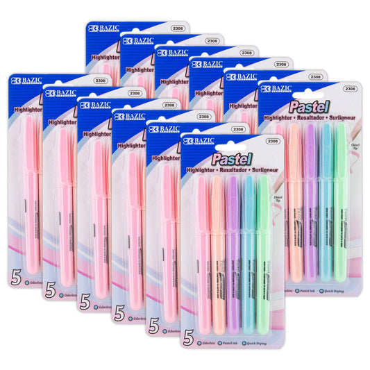 Pen Style Highlighter with Pocket Clip, Pastel, 5 Per Pack, 12 Packs - Loomini