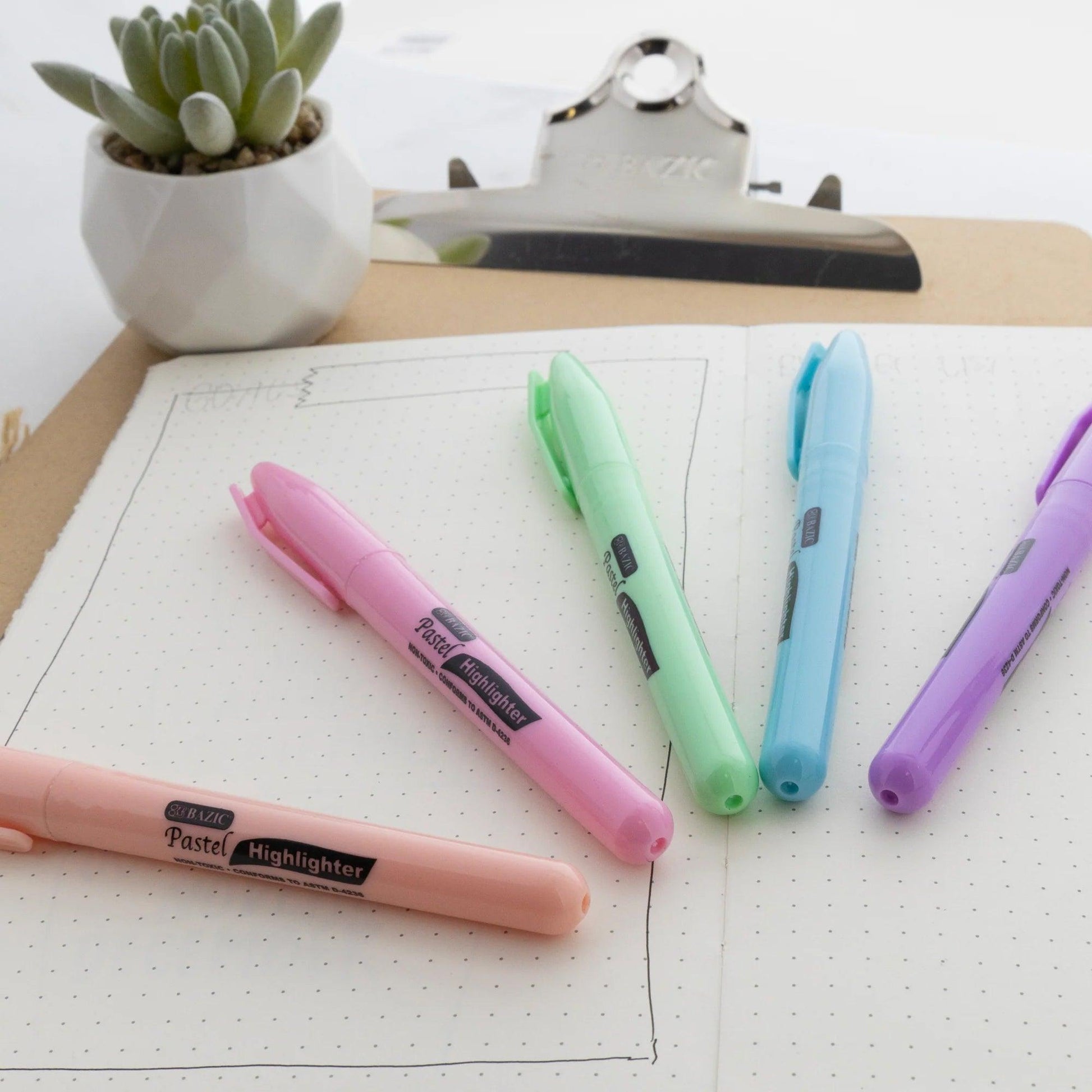 Pen Style Highlighter with Pocket Clip, Pastel, 5 Per Pack, 12 Packs - Loomini