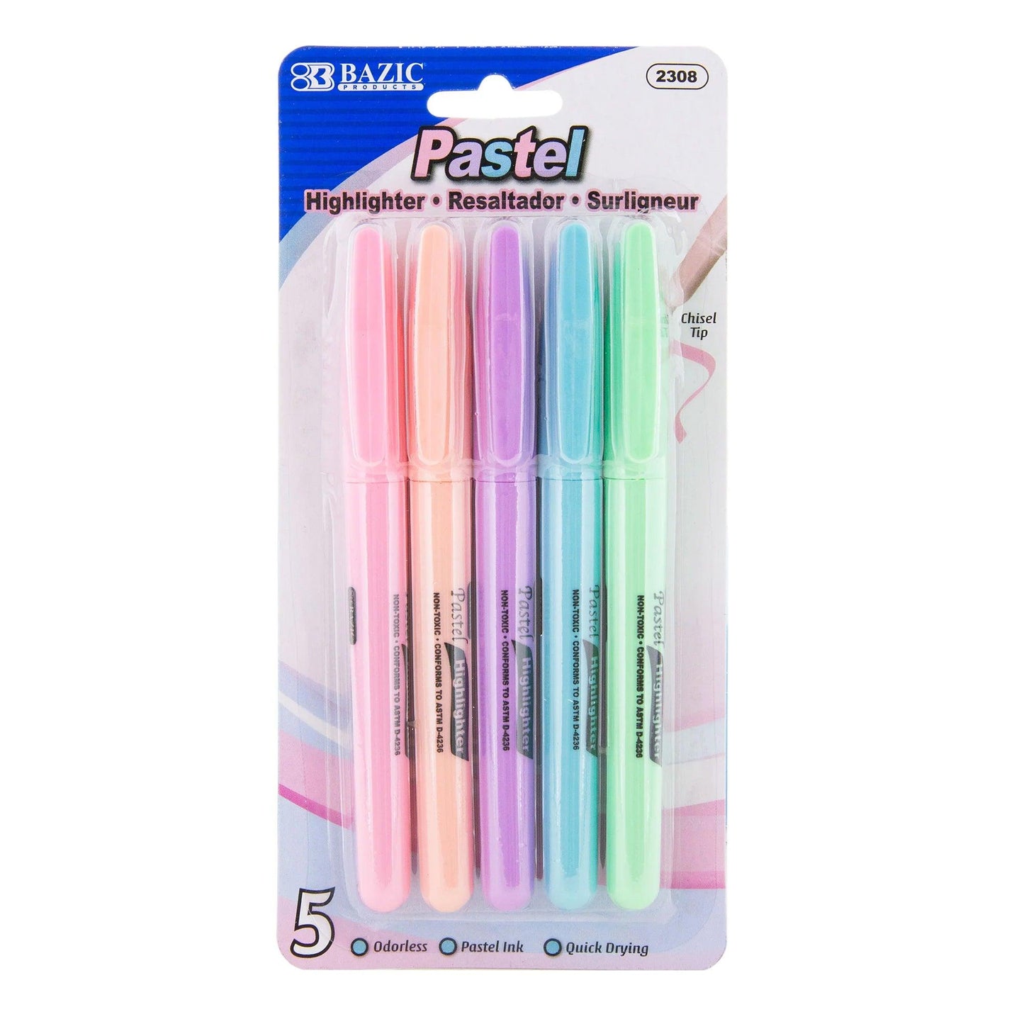 Pen Style Highlighter with Pocket Clip, Pastel, 5 Per Pack, 12 Packs - Loomini