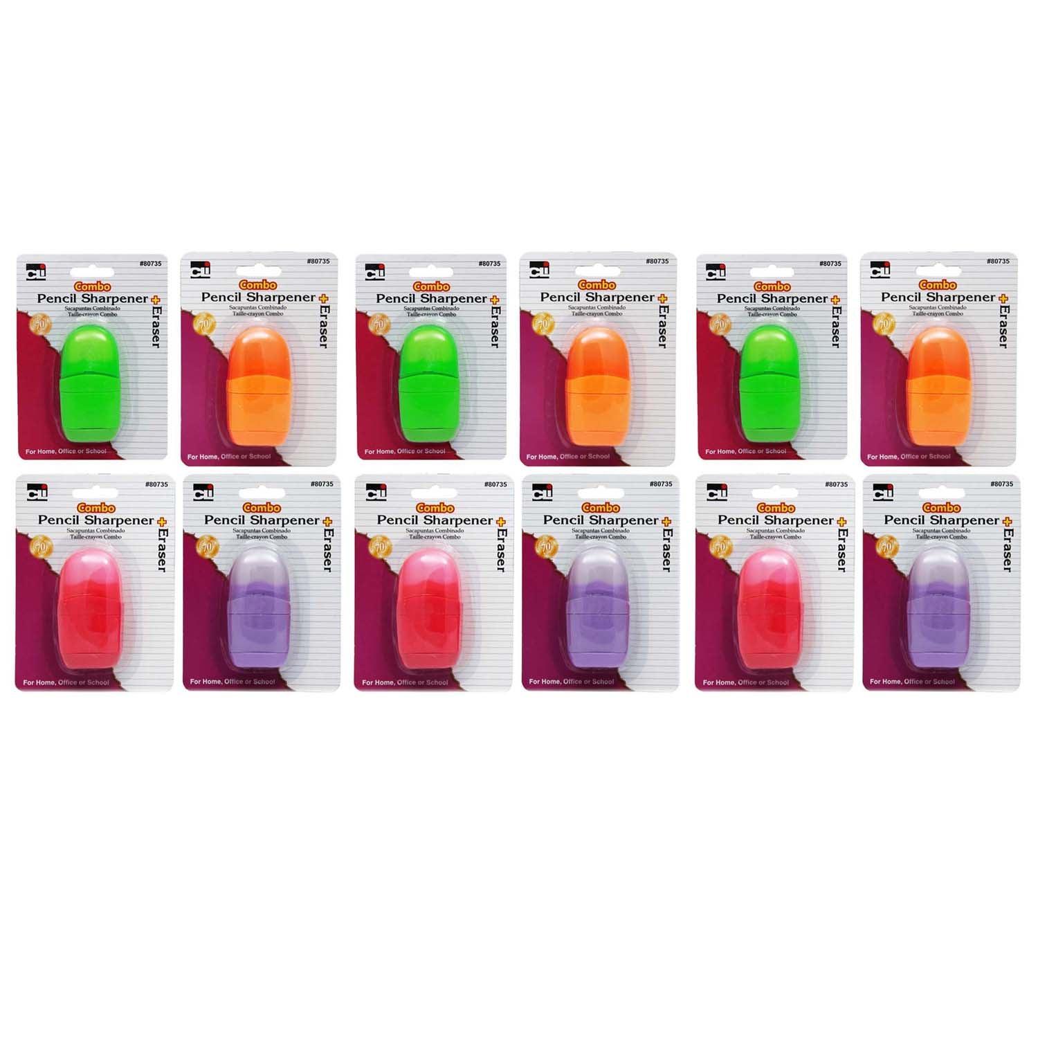 Pencil Sharpener/Eraser Combo - 1 Hole with Eraser, Plastic, with Receptacle, Assorted Colors, Pack of 12 - Loomini