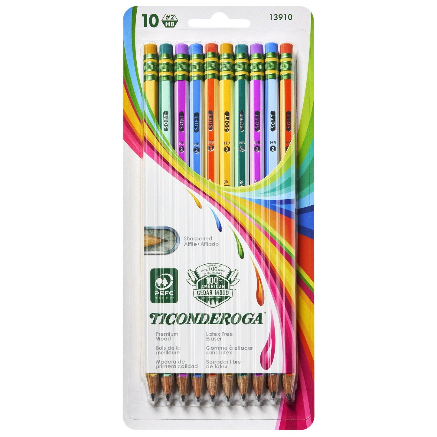 Pencils, #2 Soft, Neon Stripes, Presharpened, 10 Per Pack, 6 Packs - Loomini