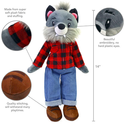 Playtime by Eimmie Plushible Rag Doll Soft Dolls for Baby Girls Boy Toddler & Infants Stuffed Animal Washable Fabric Sensory Toys 14 Inch Wolf - Loomini