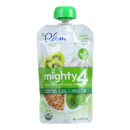 Plum Organics Essential Nutrition Blend - Mighty 4 - Spinach Kiwi Barley Greek Yogurt - 4 Oz - Case Of 6 - Loomini