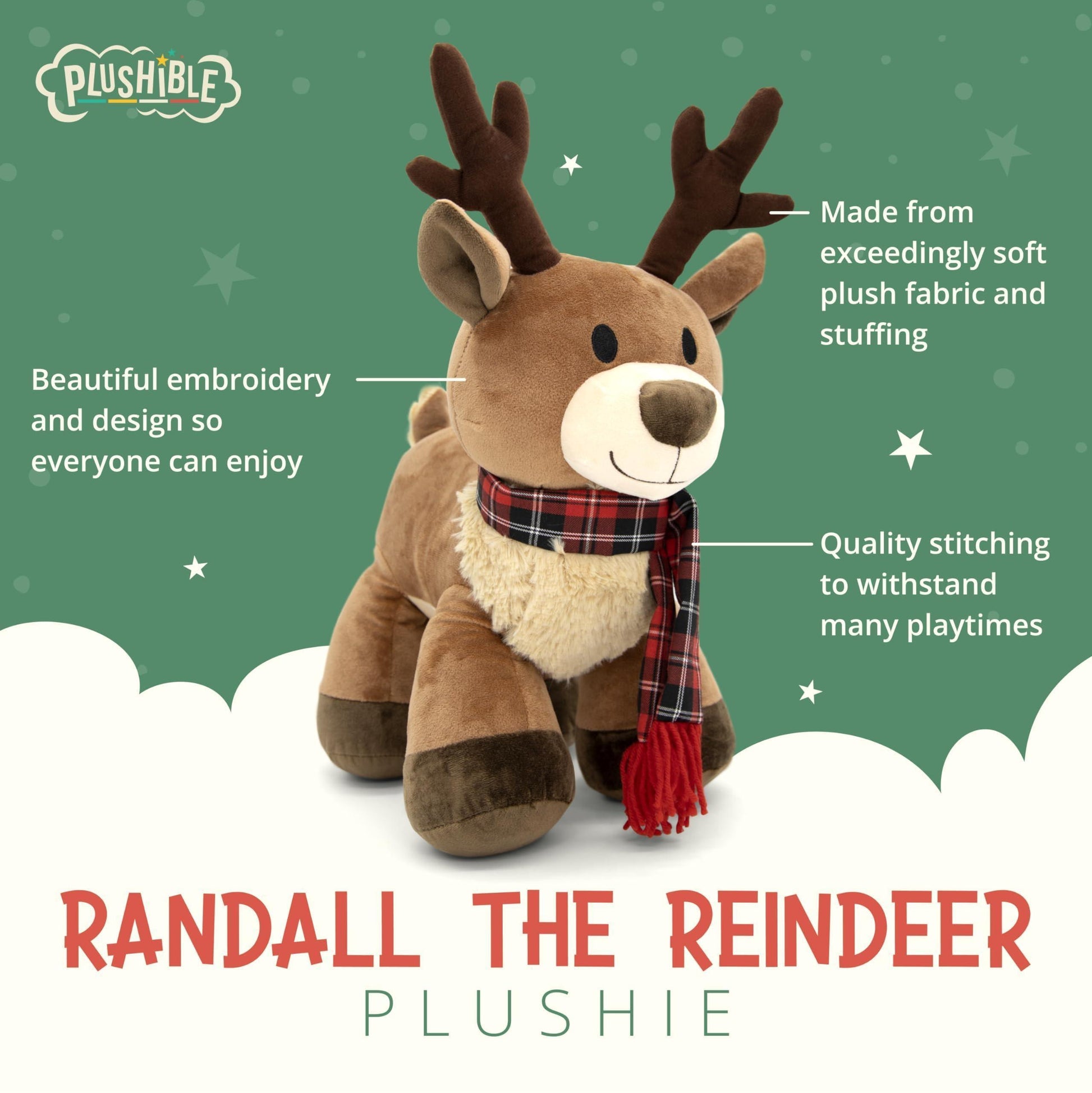 Plushible Plush Reindeer Stuffed Animal Holiday Deer Characters with Antlers Toy for Girl Boy Baby and Toddler Christmas Decor Animals Medium Plushie Toys 14 Inch Randall - Loomini