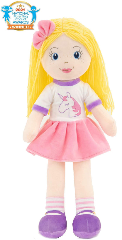 Plushible Soft Baby Doll 18 Inch Rag Dolls for Girls Infants Babies My First Plush for 1 Year Old Blonde Yarn Hair Girl Toys Eimmie - Loomini