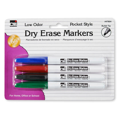 Pocket Style Dry Erase Markers, Bullet Tip, Assorted Colors, 4 Per Pack, 12 Packs - Loomini