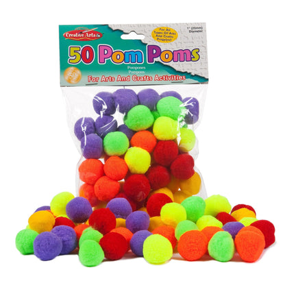 Pom-Poms 1", Assorted Hot Colors, 50 Per Pack, 12 Packs - Loomini