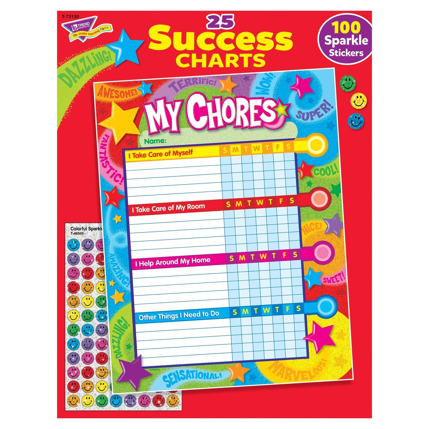 Praise Words 'n Stars Chore Charts, 25 Sheets Per Pad, Pack of 3 - Loomini