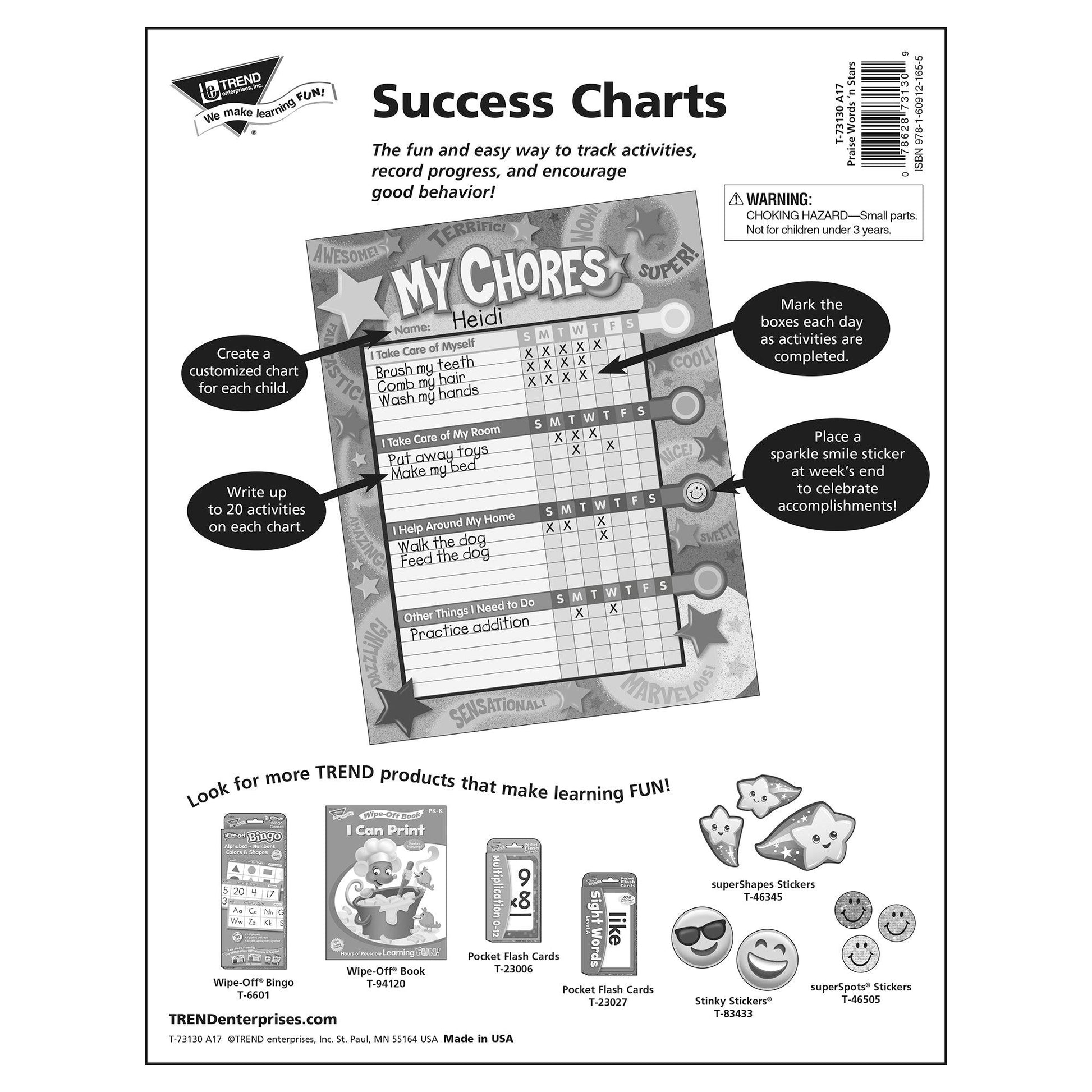 Praise Words 'n Stars Chore Charts, 25 Sheets Per Pad, Pack of 3 - Loomini