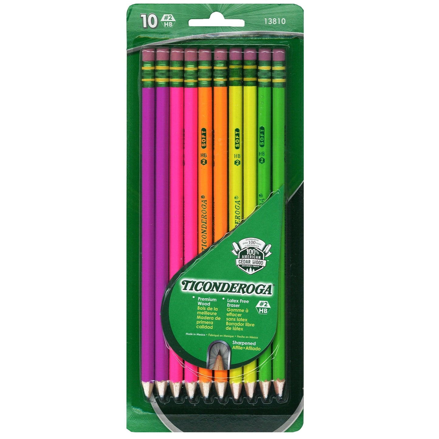 Premium Neon Wood No. 2 Pencils with Eraser, 10 Per Pack, 6 Packs - Loomini