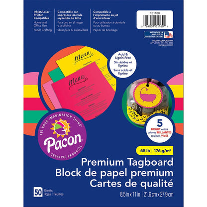 Premium Tagboard, 5 Assorted Bright Colors, 8-1/2" x 11", 50 Sheets Per Pack, 3 Packs - Loomini