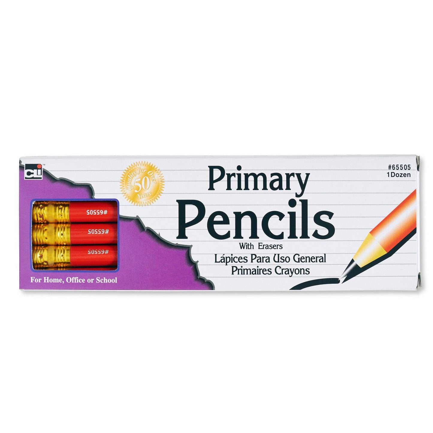 Primary Pencil, 0.41", Red with Eraser, 12 Per Box, 3 Boxes - Loomini