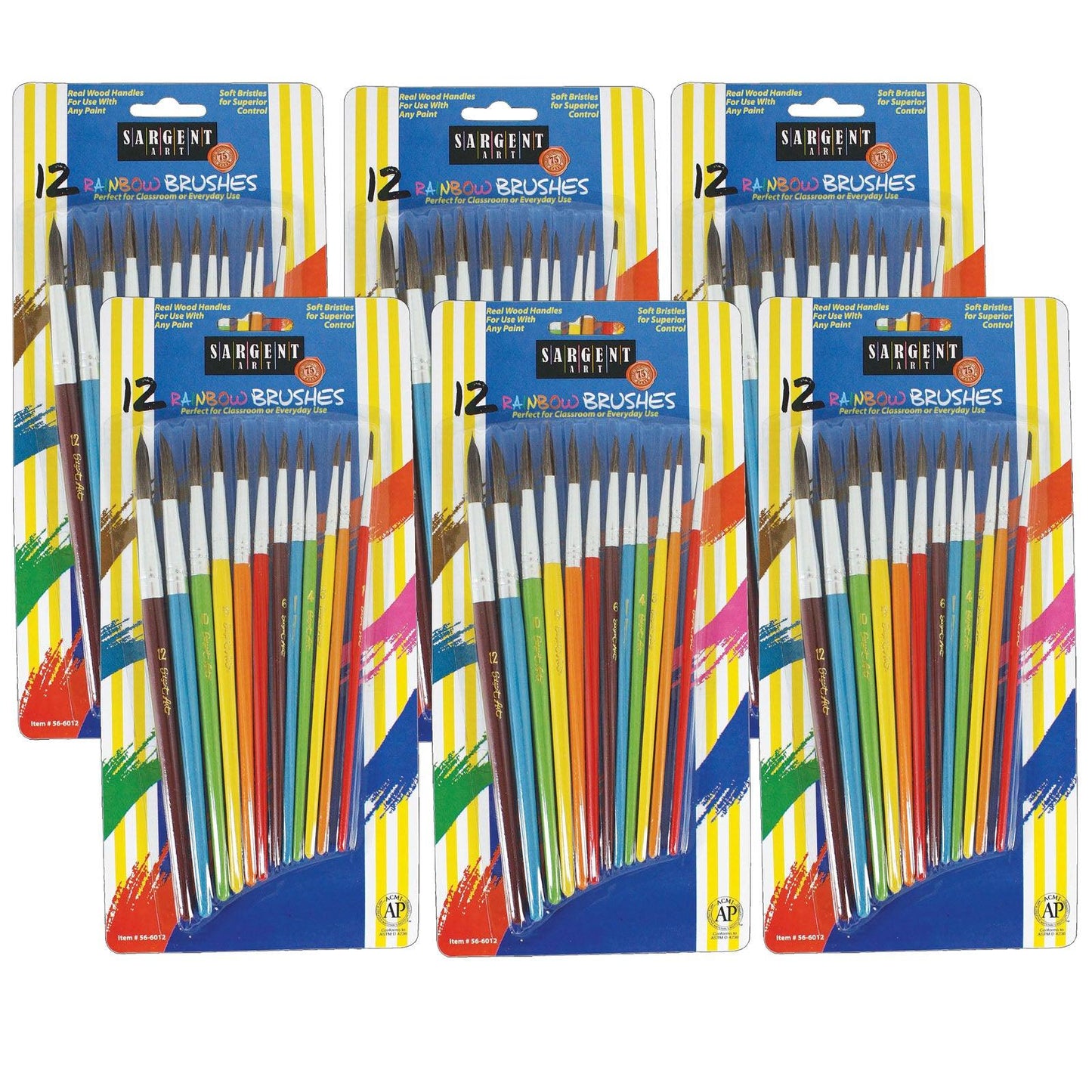 Rainbow Paint Brush Set, Assorted Sizes, 12 Per Pack, 6 Packs - Loomini