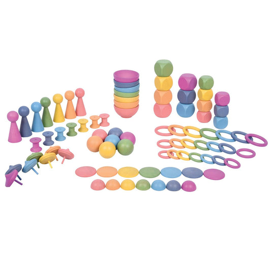 Rainbow Wooden Super Set - Set of 84 - 12 Different Shapes in 7 Colors - Loomini