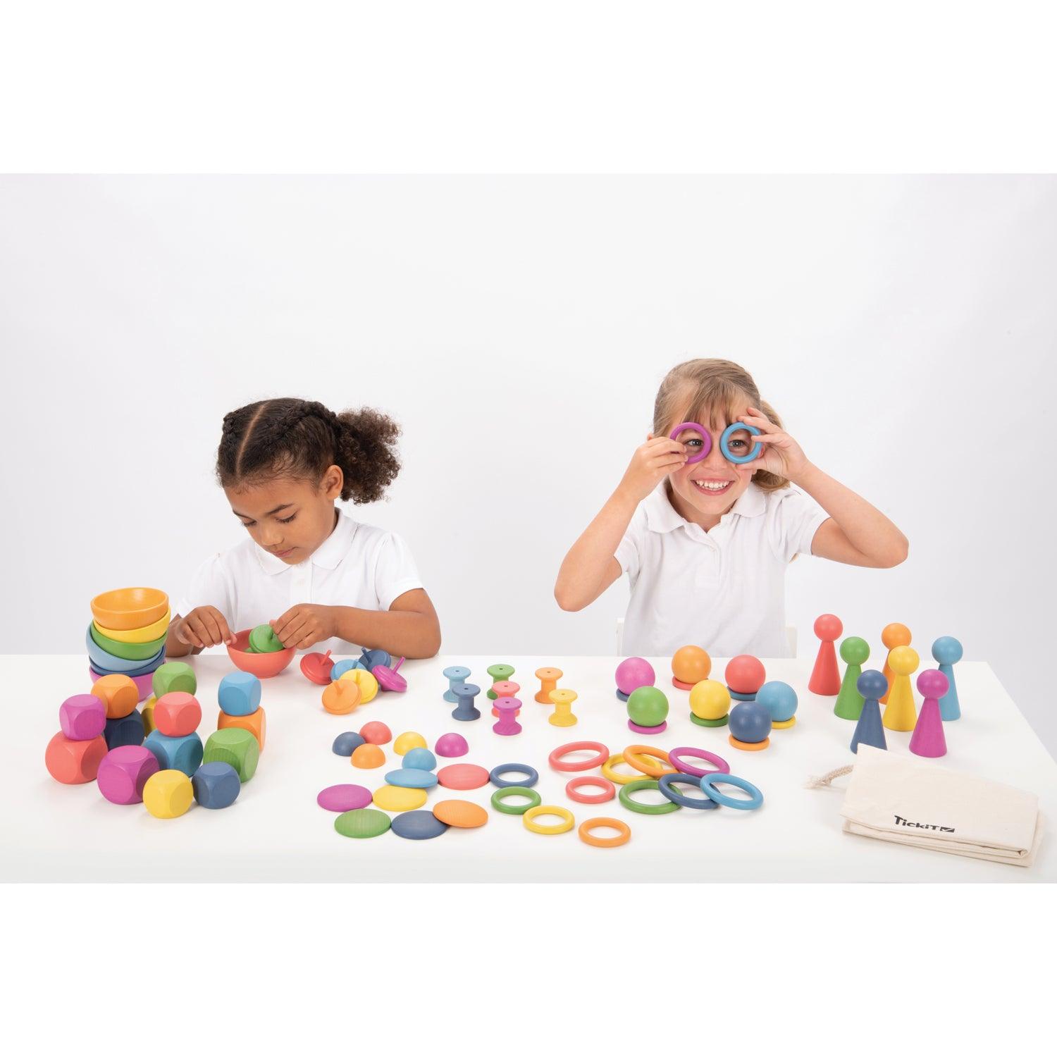 Rainbow Wooden Super Set - Set of 84 - 12 Different Shapes in 7 Colors - Loomini