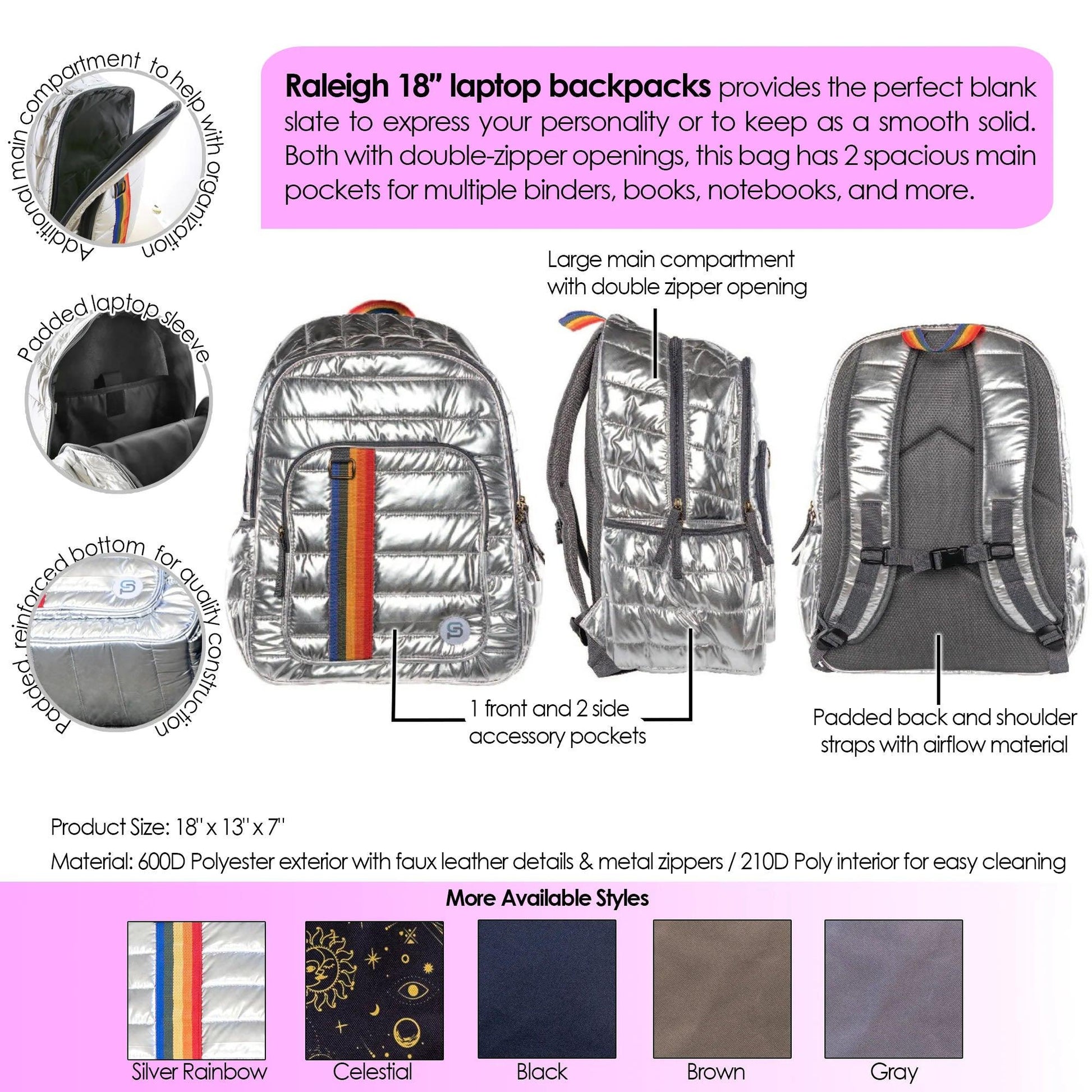 RALEIGH Puff Backpack, 18", Silver Rainbow - Loomini