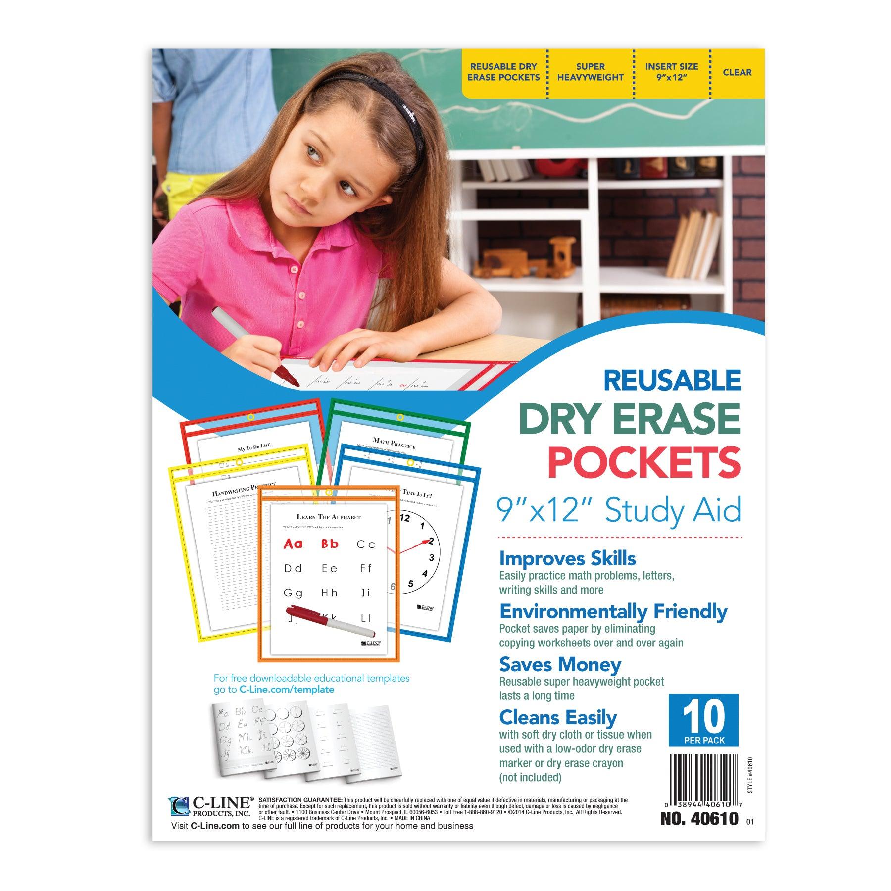 Reusable Dry Erase Pockets, Primary Colors, 9 x 12, Pack of 10 - Loomini